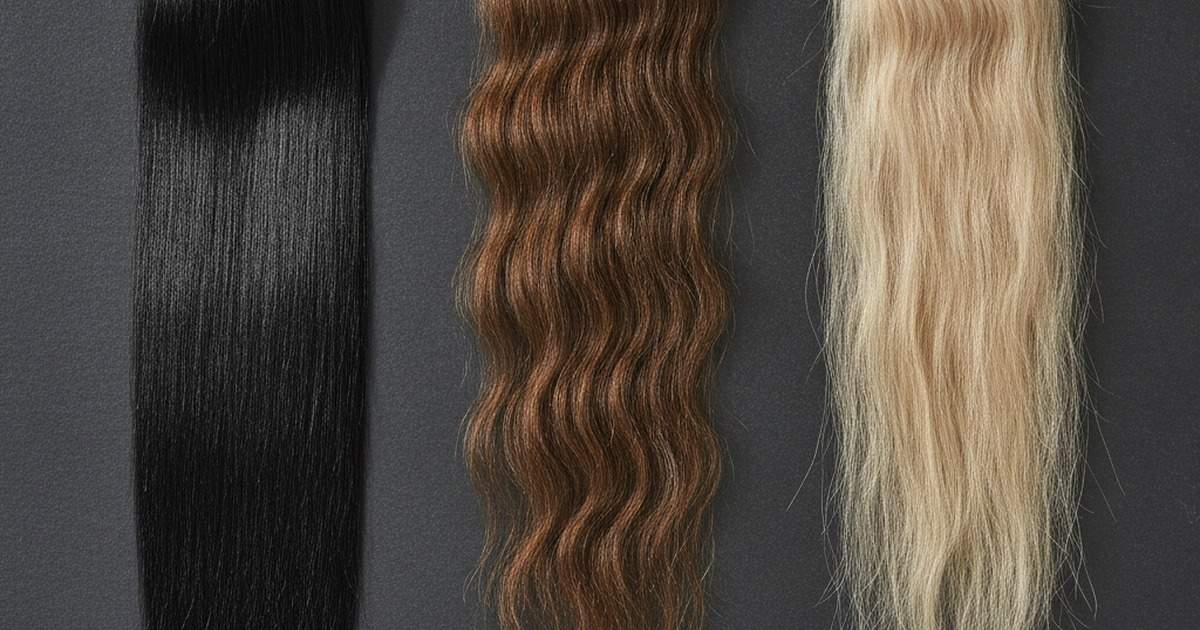 Three hair swatches side by side showing a glossed strand, a permanently coloured strand and a bleached strand, with visibly different surface condition