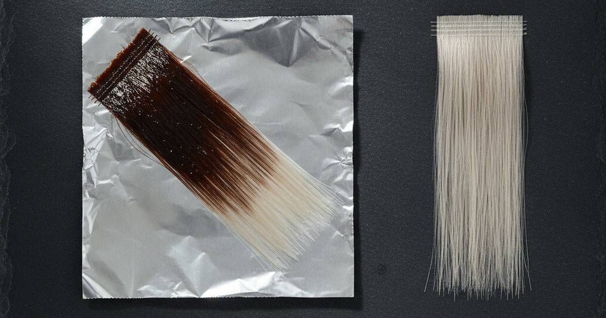 A small strand test of bleached blonde hair on foil beside an untreated section, showing how porous hair takes colour differently